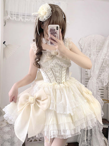 Sweet Ballet Lolita Dress Ecru White Polyester Sleeveless Jumper Rose and Bow Hime Lolita Dress