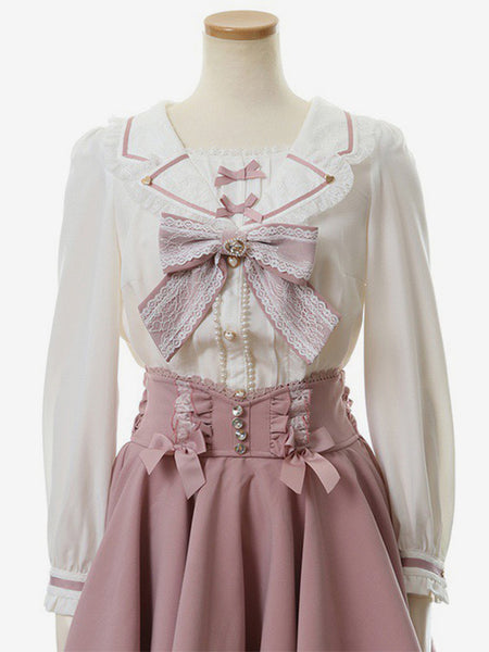 Sweet Lolita Blouses Bows Lace Lolita Top Long Sleeves Blouse Pink Lolita Shirt