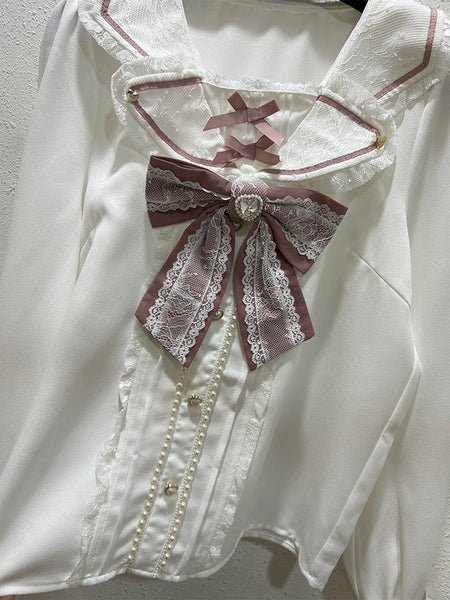 Sweet Lolita Blouses Bows Lace Lolita Top Long Sleeves Blouse Pink Lolita Shirt