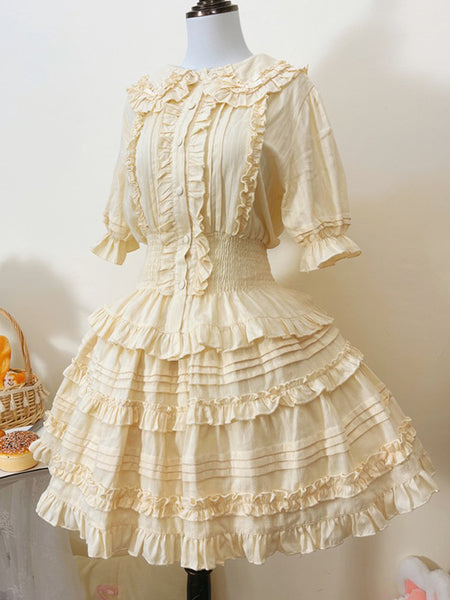 Sweet Lolita Blouses Ecru White Lolita Top Short Sleeves Pleated Ruffles Lolita Shirt