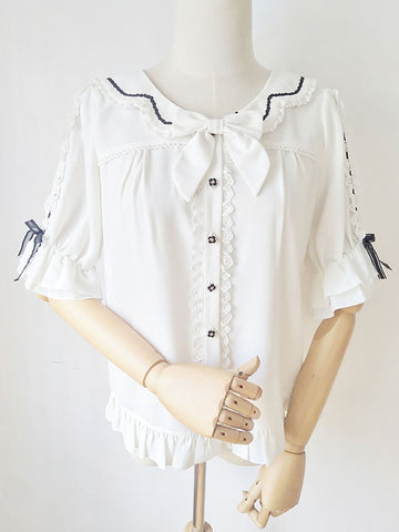 Sweet Lolita Blouses Lace Ruffles Half Sleeves Blouse Lolita Top Color Block Black Lolita Shirt