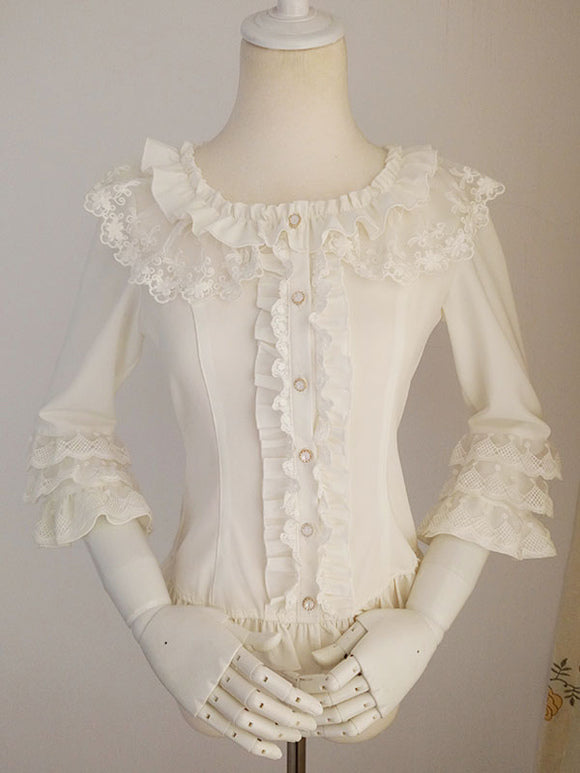 Sweet Lolita Blouses Ruffles Half Sleeves Blouse Lolita Top Ecru White Lolita Shirt