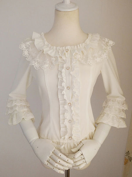 Sweet Lolita Blouses Ruffles Half Sleeves Blouse Lolita Top Ecru White Lolita Shirt