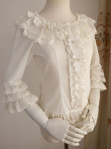 Sweet Lolita Blouses Ruffles Half Sleeves Blouse Lolita Top Ecru White Lolita Shirt