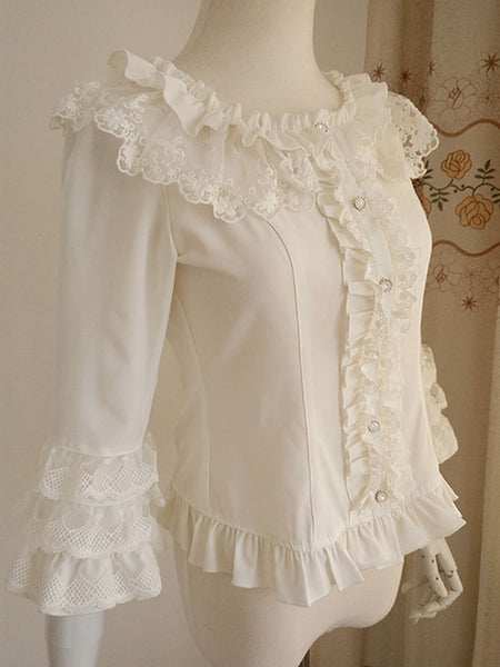 Sweet Lolita Blouses Ruffles Half Sleeves Blouse Lolita Top Ecru White Lolita Shirt