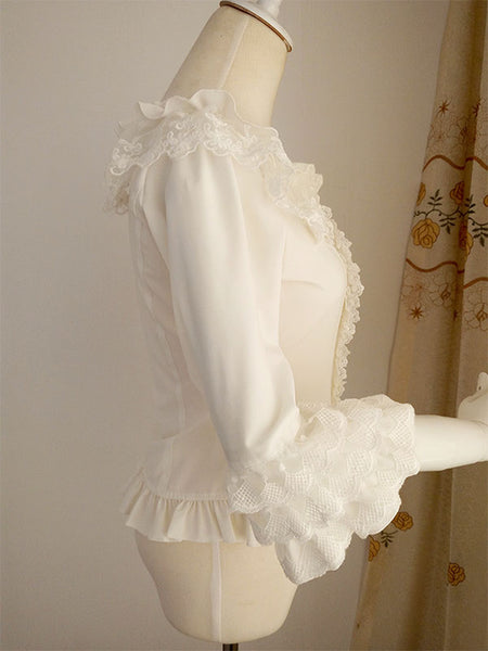 Sweet Lolita Blouses Ruffles Half Sleeves Blouse Lolita Top Ecru White Lolita Shirt