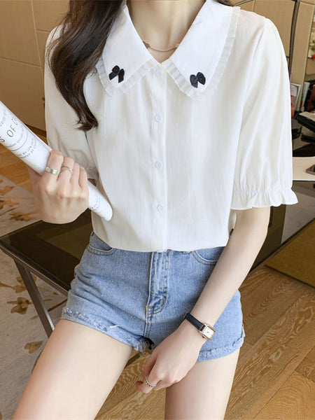 Sweet Lolita Blouses White Lolita Top Short Sleeves Bows Lace Lolita Shirt