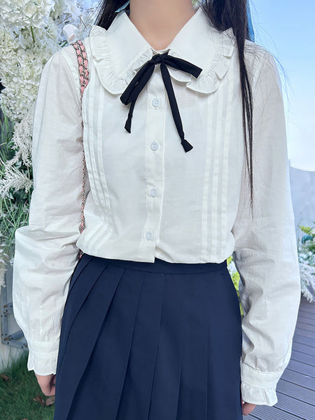 Sweet Lolita Blouses White Long Sleeves Bows Ruffles Lolita Top Lolita Shirt