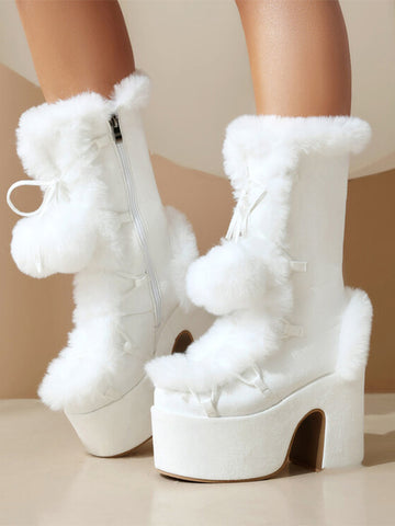 Sweet Lolita Boots Suede Nap Bows Round Toe White Lolita Footwear