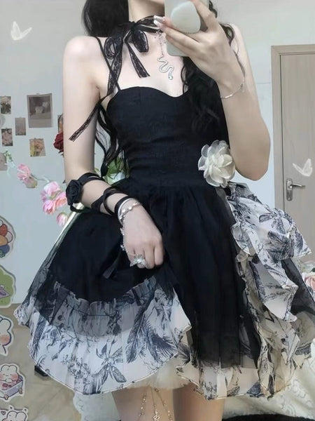 Sweet Lolita Dress Black and White Lolita Dress Floral Print Ruffles Ribbon Accents