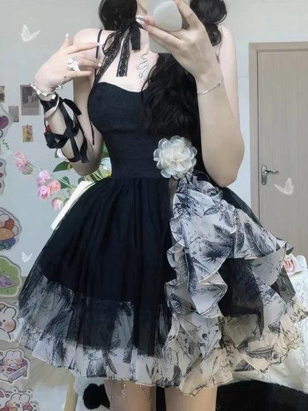 Sweet Lolita Dress Black and White Lolita Dress Floral Print Ruffles Ribbon Accents