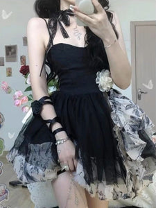 Sweet Lolita Dress Black and White Lolita Dress Floral Print Ruffles Ribbon Accents