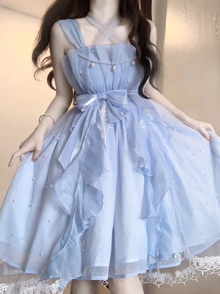 Sweet Lolita Dress Blue Wedding Polyester Sleeveless Jumper Hime Lolita Dress