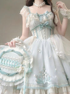 Sweet Lolita Dress Light Green Tulle Princess Lolita Gown Polyester Sleeveless Sweet Jumper Hime Lolita Wedding Dress