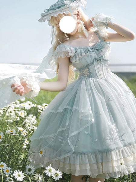 Sweet Lolita Dress Light Green Tulle Princess Lolita Gown Polyester Sleeveless Sweet Jumper Hime Lolita Wedding Dress