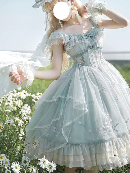 Sweet Lolita Dress Light Green Tulle Princess Lolita Gown Polyester Sleeveless Sweet Jumper Hime Lolita Wedding Dress