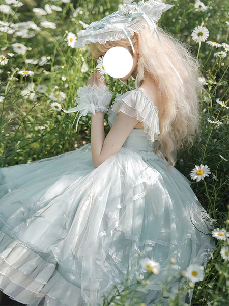 Sweet Lolita Dress Light Green Tulle Princess Lolita Gown Polyester Sleeveless Sweet Jumper Hime Lolita Wedding Dress