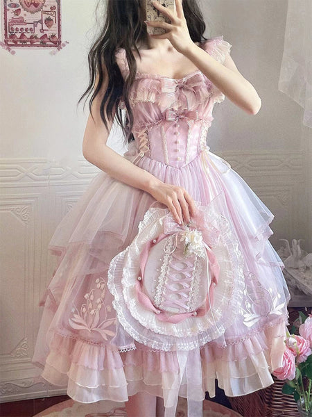 Sweet Lolita Dress Light Green Tulle Princess Lolita Gown Polyester Sleeveless Sweet Jumper Hime Lolita Wedding Dress