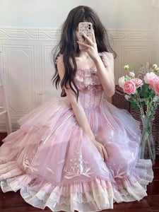 Sweet Lolita Dress Light Green Tulle Princess Lolita Gown Polyester Sleeveless Sweet Jumper Hime Lolita Wedding Dress