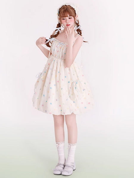 Sweet Lolita Dress Polka Dot Ruffled Straps Polyester Sleeveless Bows Jumper Lolita Dress