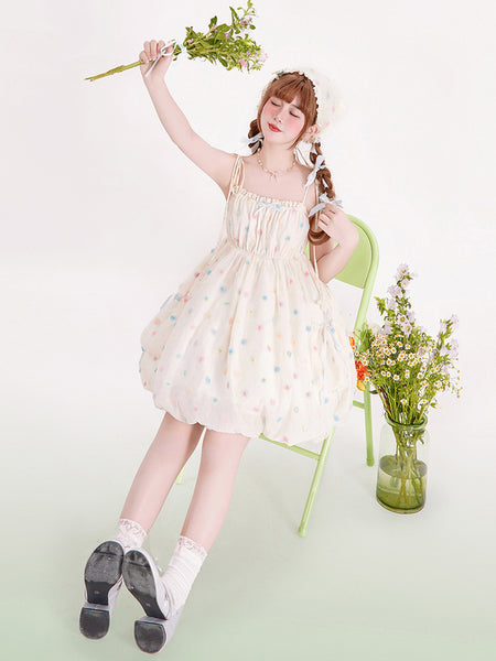 Sweet Lolita Dress Polka Dot Ruffled Straps Polyester Sleeveless Bows Jumper Lolita Dress