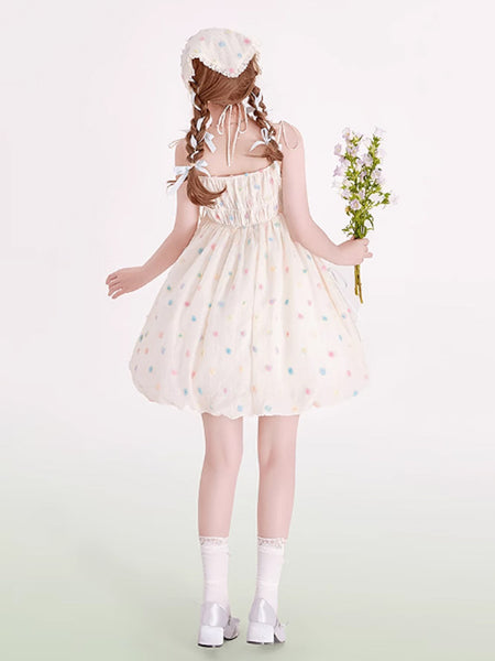 Sweet Lolita Dress Polka Dot Ruffled Straps Polyester Sleeveless Bows Jumper Lolita Dress