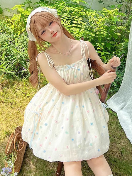 Sweet Lolita Dress Polka Dot Ruffled Straps Polyester Sleeveless Bows Jumper Lolita Dress