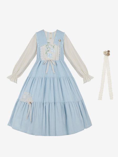 Sweet Lolita Dress Polyester Long Sleeves Dress Pastoral Style Lolita Dress