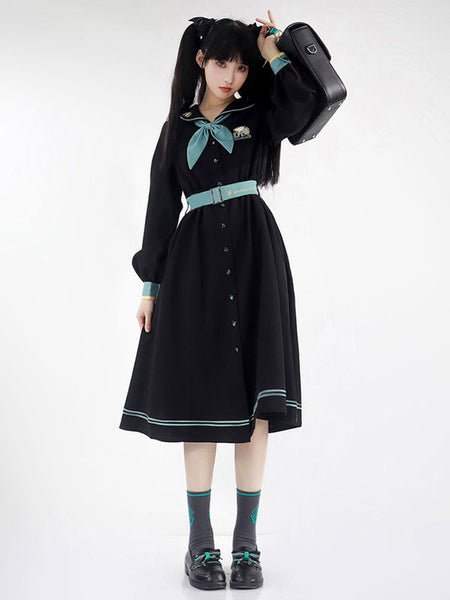 Sweet Lolita Dress Polyester Long Sleeves Navy Style Lolita Dress