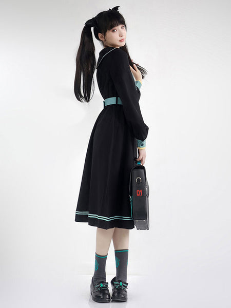 Sweet Lolita Dress Polyester Long Sleeves Navy Style Lolita Dress