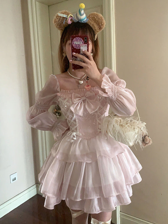 Sweet Lolita Dress Polyester Long Sleeves Pink Lace Bow Details Hime Lolita Dress