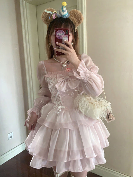 Sweet Lolita Dress Polyester Long Sleeves Pink Lace Bow Details Hime Lolita Dress