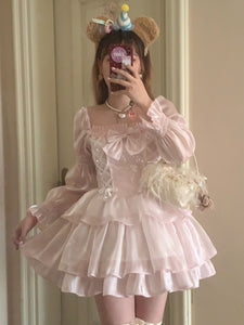 Sweet Lolita Dress Polyester Long Sleeves Pink Lace Bow Details Hime Lolita Dress