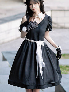 Sweet Lolita Dress Polyester Short Sleeves Pearls Navy Style Lolita Dress