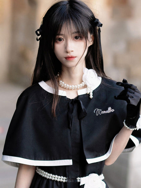 Sweet Lolita Dress Polyester Short Sleeves Pearls Navy Style Lolita Dress