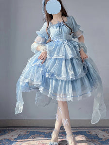 Sweet Lolita Dress Tulle Princess Lolita Gown Light Sky Blue Short Sleeves Sweet Fairytale Lolita Dress