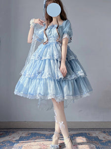 Sweet Lolita Dress Tulle Princess Lolita Gown Light Sky Blue Short Sleeves Sweet Fairytale Lolita Dress