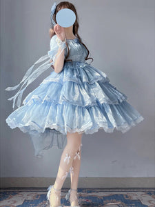 Sweet Lolita Dress Tulle Princess Lolita Gown Light Sky Blue Short Sleeves Sweet Fairytale Lolita Dress