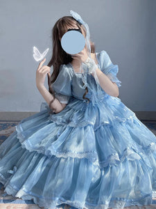 Sweet Lolita Dress Tulle Princess Lolita Gown Light Sky Blue Short Sleeves Sweet Fairytale Lolita Dress