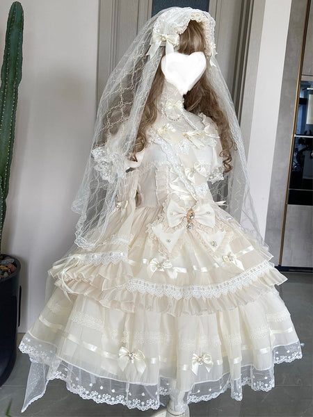 Sweet Lolita Dress White Lace Lolita Bridal Dress Polyester Short Sleeves Hime Lolita Dress