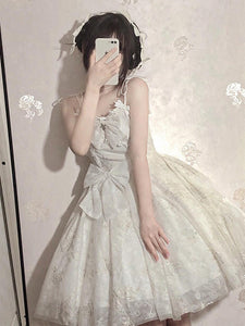 Sweet Lolita Dress White Lace Wedding Lolita Dress with Bow and Floral Embellishments