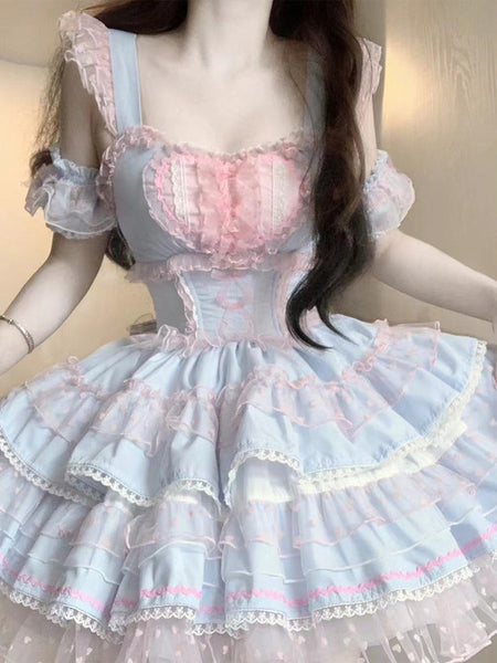 Sweet Lolita Dresses Ballet Ruffles Polka Dot Rose Green Hime Lolita Dress