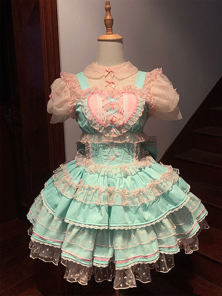 Sweet Lolita Dresses Ballet Ruffles Polka Dot Rose Green Hime Lolita Dress