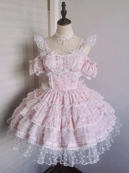 Sweet Lolita Dresses Ballet Ruffles Polka Dot Rose Green Hime Lolita Dress