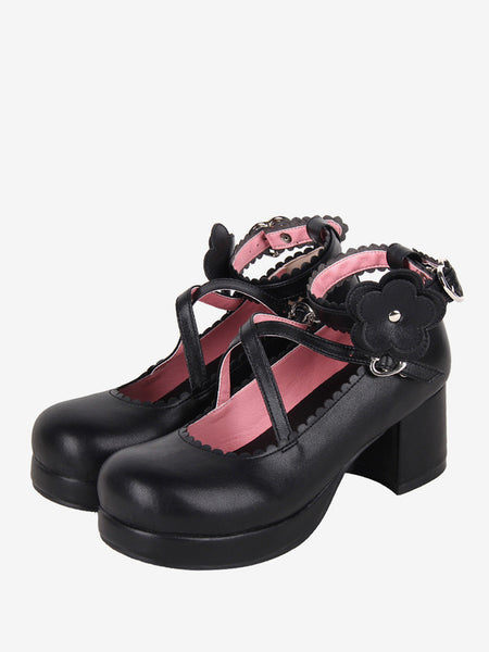 Sweet Lolita Footwear Black Bow Applique Round Toe PU Leather Lolita Shoes