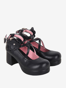 Sweet Lolita Footwear Black Bow Applique Round Toe PU Leather Lolita Shoes