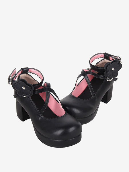 Sweet Lolita Footwear Black Bow Applique Round Toe PU Leather Lolita Shoes