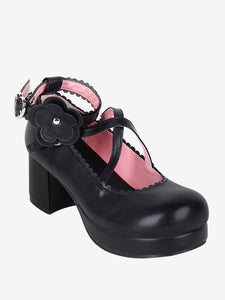 Sweet Lolita Footwear Black Bow Applique Round Toe PU Leather Lolita Shoes