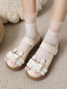 Sweet Lolita Footwear White Bows PU Leather Flat Lolita Pumps