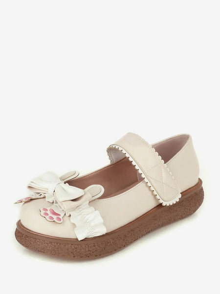 Sweet Lolita Footwear White Bows PU Leather Flat Lolita Pumps